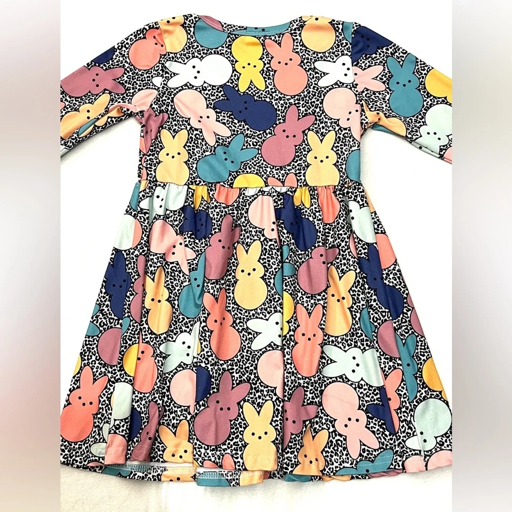 Bunny Peeps Colorful Print Kids Long Sleeve Cotton Blend Dress Size 4T - Picture 11 of 12